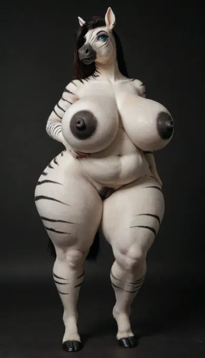 woman, ((Anthro, Character_tanya-winters_crowchild)), dark background, FULL BODY, huge breast, sexy chubby girl, alone, long horse face, large head, soft facial features, nude, body covered in deep white fur, dark zebra stripes in fur, soft fur, thick fur covering entire body, very thick fur, very bright blue eyes, big tits, looking away, black lips, black lipstick, purple eyeliner, smooth fur, (black background), (perfectly scaled up:1.1), big saggy tits, very wide hips, thick thighs., ((huge tits, floppy tits, thick protruding nipples black nipples)), black vagina, long black hair, hair cit unto Mohawk, large gold hoop earings, full lips, ((wide, very wide hips, thick cellulite hips)), ((belly bulges and sags, deep navel, thick cellulite belly)), (fur:1.2), super wide huge hips, fursuit, flabby belly, arabian, horse, friesian, centaur, <lora:milkers_v2:1.6>, <lora:Fur:1.8>, <lora:FursuitXL:1.2>, <lora:Horsesv2:1.5>