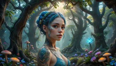 One beautiful bionic tattooed neon blue girl. She stands in a magical, alien forest, with crazy colors, alien plants and animals. There are lots of glowing flowers and mushrooms all around.clouds, sunset, fog, cave, 3nch4nt3d, f0r3st, 4ng3l, face, Internal, Magic, Glow, <lora:Otherwordly_Nature_Concept_Art_VW_Style:.8>, <lora:3nch4nt3d_f0r3st:.8>, <lora:detailed_notrigger:.8>, <lora:SDXL_BetterFaces-LoRA_v1:2>, <lora:Internal_Magic_Glow_XL-000025:.8>