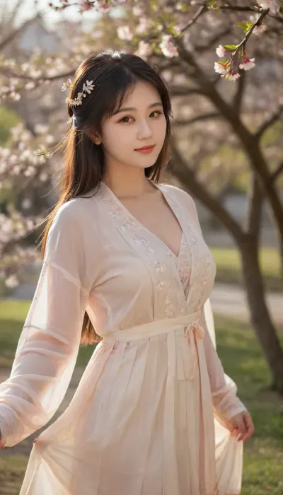 analog film photo A beautiful girl in beizi, smile, bangs, long hair, side, hair ornaments, (peach blossom designs), translucent light white beizi, smooth shoulder, (busty:1), cleavage, translucent light white short pleated short skirt, thigh, knees, full body, she is standing under a peach tree, petals flying, spring, beautiful sunshine, pretty light, beautiful face, long eyelashes, charming eyes, perfect bright eyes, highly detailed, translucent white szhf dress, . faded film, desaturated, 35mm photo, grainy, vignette, vintage, Kodachrome, Lomography, stained, found footage, from side, dawn, (breasts silhouette), backlight, <lora:szhf:2>, <lora:breasts silhouette XL:2>, <lora:ClearHand-V2:2>