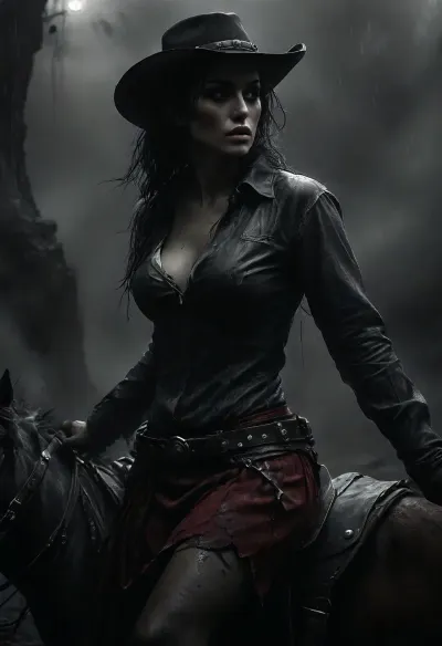 Monochrome, Wild West 1790, a super sexy athletic and flat-chested gunslinger riding her horse through the amazing Rocky Mountains on a hard rainy day, (sits on horse saddle:1.7), lasso on saddle, (entire horse in frame:1.3), (hard rain:1.3), (soaked wet clothes:1.3), she wears, (a wet long beige dirty used coat:1.3), underneath a wet white cotton rough men's shirt with buttons, (a wet dark red miniskirt:1.4), (black fishnet stockings:1.4), cowboy boots, (a cartridge belt with a pistol holder around her waist:1.4), her very wet black hat is pulled low over her face, perfect face, perfect hands, dangerous aura, leaning forward against the rain and mist, wet perfect horse, breathtaking nature, (oil lamp in one hand:1.3), warm golden lamplight in rainy darkness, emphasizing a cinematic, dystopian cowboy atmosphere, art Style & Technique is a dirty old style, Ultra-realistic digital painting with cinematic depth of field. Highly detailed texturing on leather, skin, and hair, dramatic contrast lighting and warm oil lamp light, a sharp foreground focus and a slightly blurred background to create depth, masterpiece, best quality, ultra-detailed, cinematic lighting, wild west, smoking weed, cannabis, Ultra-realistic Western art, highly detailed, cinematic moody lighting, tense but charismatic atmosphere, FRESHIDEAS, Real, Photography, 2#, Black, and, white, art, black, shading, charcoal, toned, brutal, dark, b/w, color, scheme, kisyu, horse, riding, <lora:FRESHIDEAS Real Photography 2#:.8>, <lora:MJ52:.8>, <lora:Black and white art.V1:1.9>, <lora:kisyu_XL_V1.0:.8>, <lora:dark:.2>