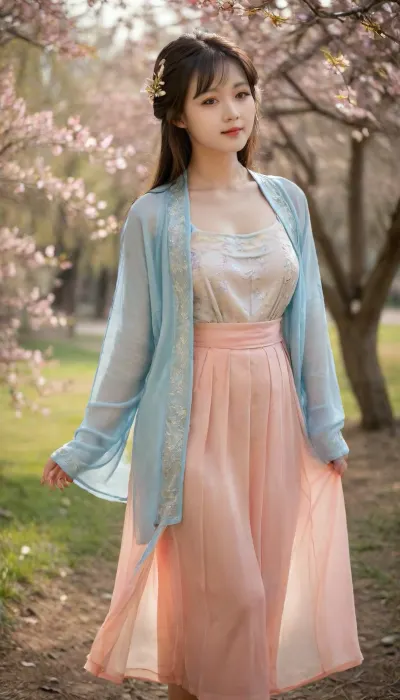analog film photo A beautiful girl in beizi, smile, bangs, long hair, side, hair ornaments, (oriental designs), translucent light blue beizi, smooth shoulder, (busty:1), cleavage, translucent light pink short pleated mini skirt, thigh, knees, full body, she is standing under a peach tree, petals flying, spring, beautiful sunshine, pretty light, beautiful face, long eyelashes, charming eyes, perfect bright eyes, highly detailed, translucent szhf dress, . faded film, desaturated, 35mm photo, grainy, vignette, vintage, Kodachrome, Lomography, stained, found footage, from side, dawn, (breasts silhouette), backlight, <lora:szhf:2>, <lora:breasts silhouette XL:2>, <lora:ClearHand-V2:2>