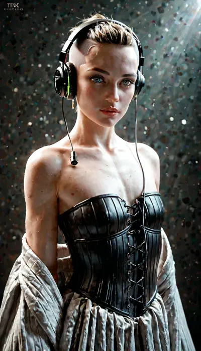 A tall, vertical image depicts a pale-skinned humanoid figure with a shaved head, positioned centrally. nude tits . The figure is likely androgynous, appearing to be in their late 20s or early 30s. They are wearing what appears to be a long, flowing dark robe with a high collar, cinched at the waist with a dark, ribbed corset-like garment. The robe drapes elegantly, partially obscuring the figure's form. The figure wears large, over-the-ear headphones, a futuristic detail that includes a circular design behind the head. Metallic, elongated rods hang from their lower lip. Their facial expression is neutral. The background is a plain, light grey with subtle speckling, casting the figure into stark relief. The lighting seems to be a single, soft light source, creating shadows and enhancing the texture of the clothing. The image is rendered with a blend of realistic and stylized elements, creating an unsettling, otherworldly atmosphere.