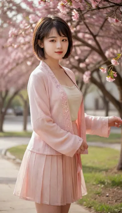 analog film photo A beautiful girl in short beizi, smile, bangs, short hair, light pink short beizi, (busty:.8), light pink pleated short skirt, thigh, knees, full body, she is standing under a peach tree, petals flying, spring, beautiful sunshine, pretty light, beautiful face, long eyelashes, charming eyes, highly detailed, szhf dress, . faded film, desaturated, 35mm photo, grainy, vignette, vintage, Kodachrome, Lomography, stained, found footage, 1girl, solo, from side, dawn, on the street, breasts silhouette, <lora:szhf:2>, <lora:breasts silhouette XL:2>, <lora:ClearHand-V2:2>