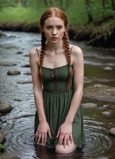 30-year-old slim woman in simple historical gothic dress with long ginger hair with braids, simple headband in hair, headband, inexpressive face, shy look into the lens, green eyes, narrow face, slim austere face, sunken cheeks, pointed chin, small nose, very narrow lips, thin light eyebrows, wooden beads around neck, very pale complexion, white skin, no makeup on face, skinny figure, thin arms, slim neck, small breasts, flat chest, narrow hips, fully clothed, kneels in water of a forest stream and washes dress by hands, full body view