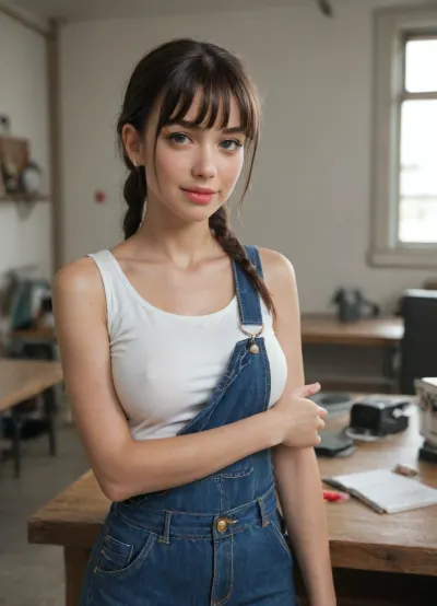 labor class, workshop, girls, bimbo, 20 years old, skinny, perfect body, medium round breasts, dark brown hair, two braids, (bangs), blue overalls, white tank top, light smile