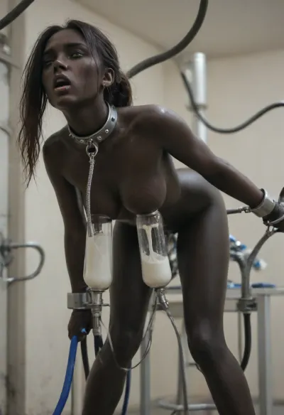 1 asian femboy, futanari, asian ethnic, (transsexual), BDSM sex slave, 18 years old, shiny_skin, solo, no testicle, with pussy and cock, erect futa-cock, innocent, virgin, full body view, (very long black hair), (black skin:1.81), ((deep dark black skin)), green eyes, nipples, straight hair, uncensored, navel, round breasts, (slave collar), (slave ankle cuffs), (slave wrist cuffs), masterpiece, best quality, highly detailed, (milking machine:1.2), lactation, leaning forward, (close up on breasts:1.2), slim, large areolas, dark areolas, naked, very very shy and insecure, very very very pretty young, (nipple piercing:.9), (pussy piercing:.9), athletic, sweaty, gymnast body, (((Medical treatment room with milk in Medical flasks))), bondage, mechanism, fixed, built into the mechanism, built-in arms and legs, large device, (girl inside device:.7), arms and legs restrained by machine, lifted in mid-air by machine, machine tentacle penetrates her pussy and lifts her off her feet, feet not touching ground, air between feet and ground, arms and legs fixed inside, stationary_restraints, mechanical_restraints, ((moaning, aroused)), ((orgasm)), (milking, machine, milkingmachine:1.4), (cables connected to many parts her body), ((machine pumping girl with cum)), ((machine tentacles in pussy, mouth)), orgasmface, <lora:orgasmface_SDXL:1.7>