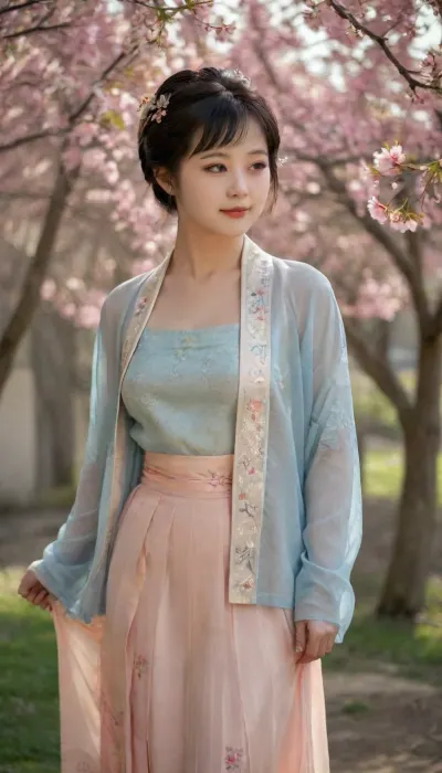 analog film photo A beautiful girl in short beizi, smile, bangs, short hair, hair ornaments, (oriental designs), translucent light blue beizi, smooth shoulder, (busty:1), cleavage, translucent light pink short pleated mini skirt, thigh, knees, full body, she is standing under a peach tree, petals flying, spring, beautiful sunshine, pretty light, beautiful face, long eyelashes, charming eyes, perfect bright eyes, highly detailed, translucent szhf dress, . faded film, desaturated, 35mm photo, grainy, vignette, vintage, Kodachrome, Lomography, stained, found footage, from side, dawn, (breasts silhouette), backlight, chvas, chinese_vase, <lora:szhf:2>, <lora:breasts silhouette XL:2>, <lora:ClearHand-V2:2>, <lora:Chinese-Porcelain-Vases-sdxl1.0:2>