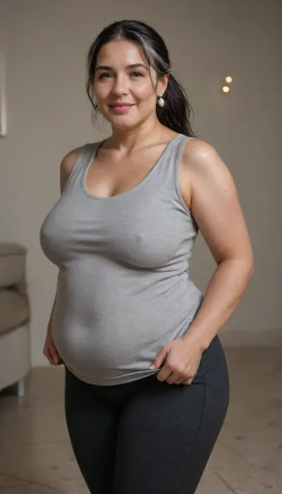 (obese:1.3), (milf:1.2), 60 years old chubby gilf, sagging, (wearing a plain black sleeveless t-shirt, high-waisted leggings:1.3), tanned skin, (wavy silky black hair with gray highlights:1.3), ponytail, bangs, voluptous, (chubby mature face), glamour, cinematic, hyperrealistic, 5k, best quality, (8k, RAW Photo, Highest Quality), (Epic Realism), Hyper Realistic, (Detailed Eyes), (Superior Quality), Intricate Detail, Cinematic, plump lips, no makeup, striking eyes, full lashes, juicy lips, voluptuous lips, lipstick, Detailed, (film grain length, 135mm, f/2.8, DoF, bokeh, ultra-detailed skin, wrinkles, (captivating perfect bright green eyes), skin pores, prominent limbal ring, high-contrast eyes, finely detailed features), (mouth open wide), o shape mouth facial expression, smiling, epiCNegative, suntanned skin, photo, in, phst, artstyle, BadX, wrinkles, <lora:SDXL1.0_Essenz-series-by-AI_Characters_Style_BetterPhotography-v1.2-'Skynet':.8>