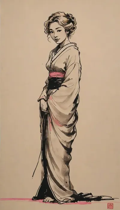 full length body view, (A traditional Japanese ink painting of a woman in the expressive sumi-e style, with flowing lines of black ink and subtle watercolor shades of pink and black. The paint flows softly across textured rice paper, creating a sense of tranquility and timeless beauty:1.8), Naked nude mature milf, 45 years old, curvy body, (normal slightly saggy tits:1.3), very embarrassed, sidelight, (blondy hair curled in the 1950s style:1.5), gaze lowered in shame, (((clean shaved pussy))), simple background, erotic, hot, sexy, dynamic sexy pose, blurry background, 1milf, after sex pussy, front view, тlineart, (((monochrome))), blurry white background, drawing, by, NTY, jsbw, style, v0ng44g, sk3tch, .8>, plump, skindentation, chubby, bbw, venus, body, big, breasts, ass, <lora:JasmineBWXLDoguMini:1.4>, <lora:sketch_it:1.4>, <lora:195794_training_data:1.4>, <lora:Chubby BBW - XL:1.1>, <lora:FD_XL_ENF:.9>