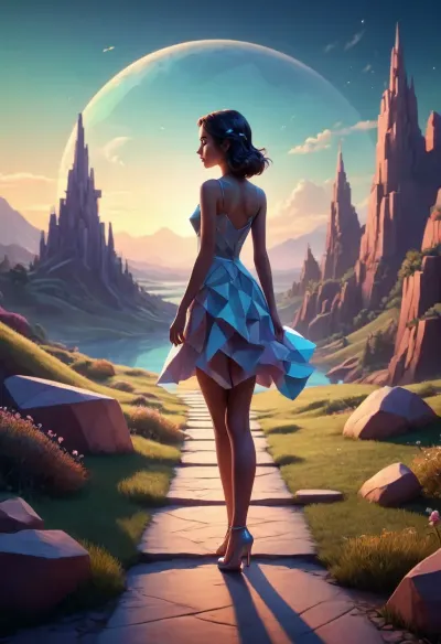 geometric, luminous shadow landscape, female cartoon figure, fairy tale. /©KlTTY-ART/