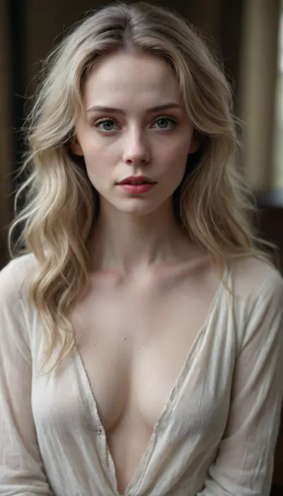 cinematic still image, serene cinematic portrait, chest up, centered composition, woman with extremely pale skin, long slightly messy hair in a muted tone, high cheekbones, thin face structure