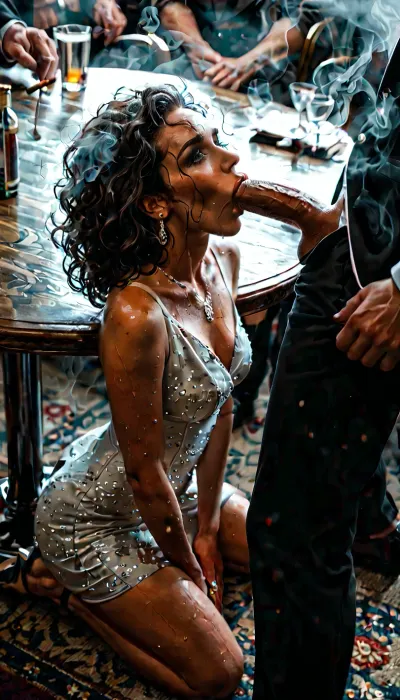 A 20-year-old bridesmaid, (kneels under a table:1.6), (sucks cock of sitting man:1.2), wears an elegant white dress, looking up, sweaty, disheveled hair, fellatio, blowjob, (man looks down to her:1.4), she hides under the table, several drunk party guests dancing in the blurred background, ballroom, shot from above, haze of cigar smoke in the air, filled with dust and smoke, cinematic moody lighting, tense but charismatic atmosphere, crowd, of, people, cloudy, smoke, atmospheric, clouds, fog, <lora:crowd_notrigger:.8>, <lora:MJ52:.4>, <lora:dark:.1>, <lora:Cloudy_Style:.6>, <lora:attractive_notrigger:.3>