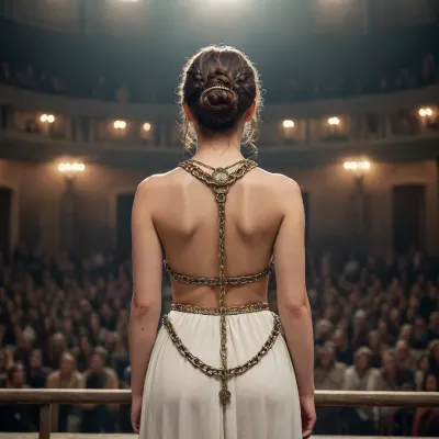 Back view. A very beautiful woman, age 25, is standing on a stage where she is being auctioned. She is wearing chains. The set is an ancient roman theater, rich roman citizens are watching from high tribunes.