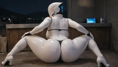 (back view), ((Haydee from Haydee:1.3)), 5 fingers, huge ass, thick thighs, large ass, ((glossy white rubber skin:1.5)), female, night, ((splits spread legs spreading)), curvy figure, gloves, outie, navel, voluptuous body, BREAK, (wearing a black bikini and white high heel boots)