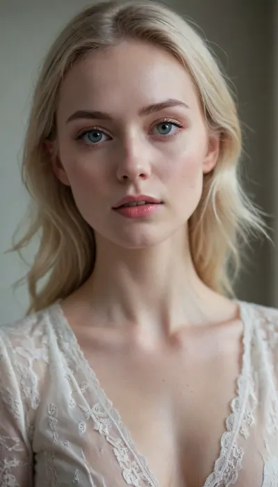 Cinematic still image, chest up portrait of a woman with porcelain skin, ultra fair complexion, translucent pale skin, no tan, no blush, champagne ash blonde hair, slightly messy, high cheekbones, very thin body and face structure, neutral expression, soft lace blouse with natural texture, perfect anatomy, hyper-detailed, Canon EOS R, 85mm lens, 32k, sharp focus, skin pores detail, soft ambient light, cold tone lighting, natural backlight, shallow depth of field, photographed outdoors in a quiet natural setting, dreamy atmosphere