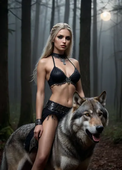 a group nude, 25 yo, (viking:2), beautiful Blonde fierce warrior woman, (riding a colossal Wolf:1.6), Muntain Wolf through a Forest. they has an athletic build, with, (war paint:1.5), in black streaks across her face and body, (nipple piercing rings:1.4), Dramatic lighting highlights her dark flowing hair shines in the, carry a Bow at the back, (glowing moonlight:1.6), Her alluring, sensual gaze exudes strength. they has a perfect hour glass thin body. The moonlight reflects off of her jet black hair and of of the fur of the Wolf. The Wolf is enormous, its dark black fur thick and wild, its muscles rippling beneath as it prowls forward with a ferocious snarl, (fangs exposed:1.6), The jungle is towering and shadowy, shrouded in a heavy mist, with dim, ethereal light breaking through the trees, casting an ominous yet cinematic glow. The atmosphere is dark fantasy, with a blend of sensual beauty and mythological aesthetics. Highly detailed, ultra-realistic textures, cinematic composition, epic and dramatic lighting, fantasy illustration, 8K, photorealistic rendering, dark and moody ambiance, choker, <lora:Choker-FFashion-Part1-32.LORA:.8>