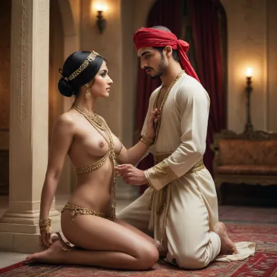 Side view. In an oriental arabic harem, a beautiful oriental prince is standing, holding a whip in his hand. With the whip he is caressing the body of a beautiful slave, (25 y.o, caucasian, very beautiful), kneeling down before him. She is wearing erotic body jewels and chains. The prince has a turban.