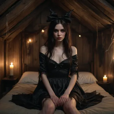 Front view, scary girl, thin, pale skin, ugly witch, in a torn satin dress, dirty face, black long hair down to her ass, black satin bow on her head, in a dark scary dilapidated hut, sitting on a dick, on the bed with her legs spread wide, candles burning, cobwebs, fog