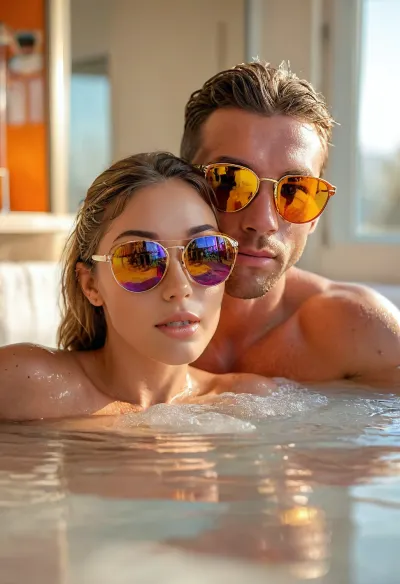 A sexy 22-year-old skinny bombshell lasciviously sits in a, (bubble bath:1.2), (wears sunglasses with mirrored lenses:1.2), (highly detailed reflection in the sunglasses of a muscular naked man with a large penis:1.6), (foamy water level just below the breasts:1.2), (drinks colorful cocktail:1.2), holds cocktail glass, her tanned, foamy body sweats in the scorching sun, perfect face, perfect hands, perfect anatomy, perfect nipples, sexually provocative, foamy, various perspectives, shallow depth of field, high resolution, 8K, blurred background, ambient light, <lora:MJ52:.8>, <lora:attractive_notrigger:.2>, <lora:HandFineTuning_XL:.8>, <lora:Italian_girl:.8>, <lora:[XL]focus:1.4>