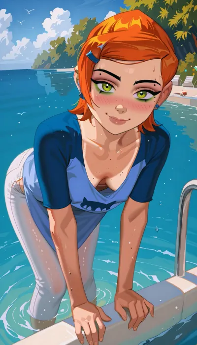 High-angle photo of a beautiful and sweet slender 19-year-old woman in a black T-shirt and cut-off jeans on a boat leaning over with her gaze on the viewer and purposely showing cleavage with a shy smile, kite-shaped face, midlength black curly windswept hair in a loose French half-up style, pert nose, luminous big hazel eyes, shy smile, very full moist lips, light makeup, slender, pale skin with faint tan lines, earrings, natural breasts, firm ass, hairy bush, erect nipples under her dress, woman, high detail, photorealistic, 4k, masterpiece, downblouse, gwen, tennyson, (/Ben10), /, (ultra, HD, quality, details), bright, orange, hair, short, (green, eyes), <lora:MJ52:1>, <lora:RealDownblouseXL2:.4>, <lora:Gwen Tennyson (Ben10) - XL SCXL V1.0:.8>