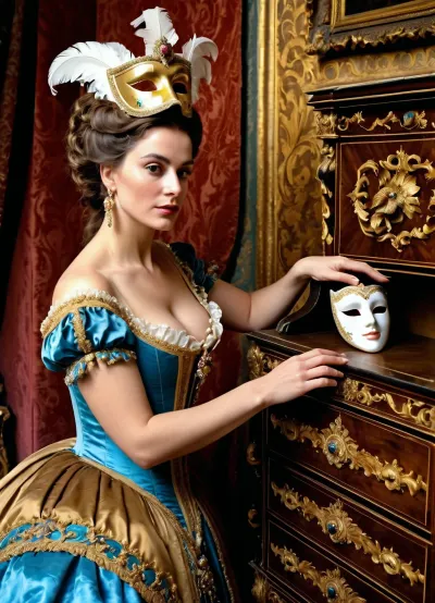 ((masterpiece)), (high quality:1.2), (photorealistic:1.1), A beautiful noble Venetian woman of the 18th century, dressed in a luxurious carnival gown with a plunging neckline, reaches for a Venetian carnival half mask lying on an antique carved gilded chest of drawers, seen in half profile, <lora:Detailed_female_hands-000001:.8>