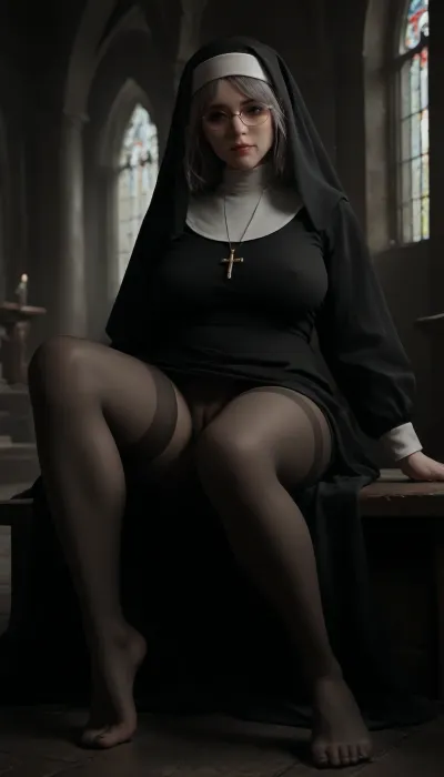 upskirt view, full length, old fat milf nun sits with her very fat thighs spread, nun is dressed, nun's cassock is short, very mature fat nun sits on a church bench with her very fat thighs spread, nun has sagging breasts, age wrinkles on her body, age wrinkles on her face, age wrinkles on her chest, freckles on her chest, freckles on her face, glasses, nun is wearing nylon tights, gray hair, nun's fat thighs are spread so that her pussy is visible, gray pubic hair, nun is barefoot, spreads her very fat thighs seductively, nun without panties under her cassock, smiling, drops from pussy, boy dressed in rich 18th century clothes kisses nun's pussy, (photorealistic), (realistic), dark rich gothic palace, night, red-blue neon lighting, 1D, seamless, pantyhose, 20D, legs, up, spread, sitting, <lora:dark:2>, <lora:detailed_notrigger:2>, <lora:CinematicStyle_v1:2>, fixl-art, seethru, <lora:seethruv3_SDXL:.8>
