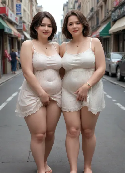 two women, (chubby:1.7), (mature:1.6), greying hair, wearing patterned loose sundress, big tits, happy face, on shopping street, sunny weather, popping colors, grabbing each others pussy, fingering, pussy, <lora:2FingersSDXL_v03:.8>