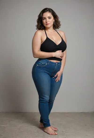 Create a photorealistic, high-resolution image of Kathy, a confident 60-year-old woman with expressive blue eyes and a voluminous bob. She has a mature, curvaceous figure with a full and ample bust, softly contoured and naturally shaped. Her black halter-style sleeveless top drapes softly over her figure, with the fabric gently conforming to her natural form. She wears high-waisted blue jeans with a tailored silhouette, standing barefoot in a minimalist upscale home interior. Her posture is relaxed and self-assured, and her expression is warm, engaging, and charismatic. Lighting is soft and natural, highlighting her facial features, skin texture, and the gentle contours of her body. The image captures emotional authenticity, photorealistic beauty, and modern style, hips, hourglass figure, plump waist, plump pelvis, bottomheavy, huge, gigantic, thick, thighs, massive, plump, skindentation, chubby, bbw, venus, body, big, ass, <lora:bottomheavy_v1_sdxl_LoRA:.8>, <lora:Chubby BBW - XL:1>