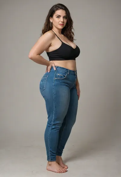 Create a photorealistic, high-resolution image of Kathy, a confident 60-year-She has a mature, curvaceous figure with a full and ample bust, softly contoured and naturally shaped. Her black halter-style sleeveless top drapes softly over her figure, with the fabric gently conforming to her natural form. She wears high-waisted blue jeans with a tailored silhouette, standing barefoot in a minimalist upscale home interior. Her posture is relaxed and self-assured, and her expression is warm, engaging, and charismatic. Lighting is soft and natural, highlighting her facial features, skin texture, and the gentle contours of her body. The image captures emotional authenticity, photorealistic beauty, and modern style, hips, hourglass figure, plump waist, plump pelvis, bottomheavy, huge, gigantic, thick, thighs, massive, plump, skindentation, chubby, bbw, venus, body, big, ass, <lora:bottomheavy_v1_sdxl_LoRA:.8>, <lora:Chubby BBW - XL:1>