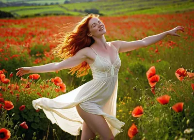 a radiant, red-haired Irish beauty in the full bloom of youth—her emerald eyes alight with mischief and her sun-kissed skin glowing against the riot of wildflowers beneath her bare feet. She’s clad in nothing but a loosely laced cream chemise, the thin fabric clinging to her sweat-dappled curves as she twirls with abandon, the hem riding up her toned thighs to reveal flashes of pale, freckled skin. Her fiery tresses whip through the air like a living flame, catching golden strands of sunlight as she throws her head back in laughter, her full lips parted and her chest heaving with exhilaration. The meadow around her is a sea of swaying poppies and clover, the vibrant greens and reds mirroring her untamed energy, while the distant hum of bees and the scent of crushed grass mingle with the earthy musk of her arousal—this is a girl who dances like she fucks, wild, unapologetic, and utterly intoxicating.