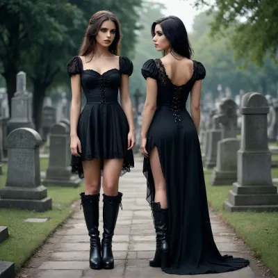 Chica gòtica en un cementerio tumbada sobre una làpida con vestido negro y botas