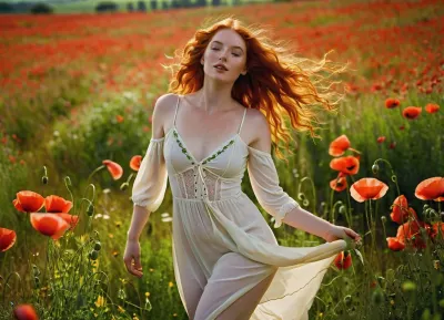 a radiant, red-haired Irish beauty in the full bloom of youth—her emerald eyes alight with mischief and her sun-kissed skin glowing against the riot of wildflowers beneath her bare feet. She’s clad in nothing but a loosely laced cream chemise, the thin fabric clinging to her sweat-dappled curves as she twirls with abandon, the hem riding up her toned thighs to reveal flashes of pale, freckled skin. Her fiery tresses whip through the air like a living flame, catching golden strands of sunlight as she throws her head back in laughter, her full lips parted and her chest heaving with exhilaration. The meadow around her is a sea of swaying poppies and clover, the vibrant greens and reds mirroring her untamed energy, while the distant hum of bees and the scent of crushed grass mingle with the earthy musk of her arousal—this is a girl who dances like she fucks, wild, unapologetic, and utterly intoxicating.
