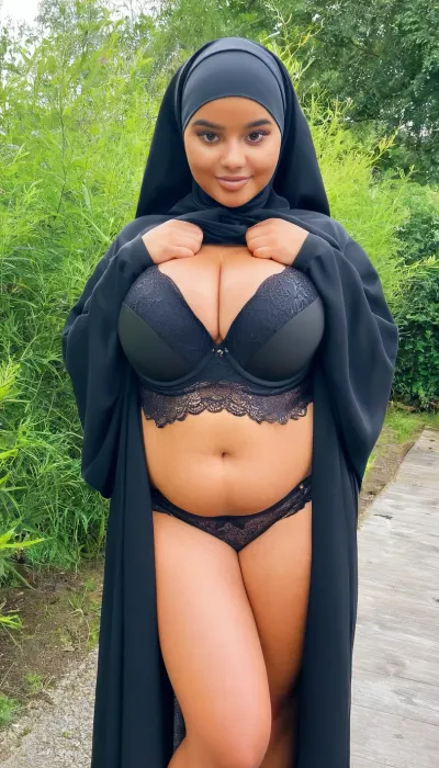 A big-breasted curvaceous, very pudgy tummy, fat belly, thick and chubby 18 yo. Syrian girl, beautiful makeup, in a Swedish backyard with overgrown weeds, (cute face, innocent and naive, very youthful sexy shy tween student), ((deep dark brown complexion:1)), fully dressed, thin abaya, sexy lace bra, head covering, stylish middle eastern woman clothes, looking flirty, closeup, dark, skin, <lora:Darker_skin_SDXL:.8>, <lora:clothed_small:1.2>
