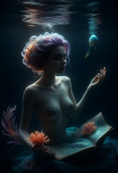 A photorealistic depiction of a young adult mermaid with floating purple hair floats in the depths of the dark ocean, (perfect mermaid:1.1), she is immersed in reading an ancient book with yellowed parchment pages that slowly dissolve in the water. In one hand, (she holds a glowing deep-sea fish:1.3), (glowing deep-sea fish illuminating the pages for better reading:1.5), (the background features a mystical glowing underwater landscape, with shimmering corals, gentle sea plants, and curious glowing marine life:1.8), the mermaid’s skin, scales, and facial features are rendered in exquisite detail, capturing every texture and nuance. The image should be in high resolution and photorealistic quality, DonMSp3ctr4lXL, Glowing, Flower, under, the, water, underwater, <lora:DonMSp3ctr4lXL-000008:.8>, <lora:Glowing Transparent Flower:.9>, <lora:SDXL_under_water_Sa_May_V1:1>, <lora:mermaidXL:1.9>, <lora:dark:.1>