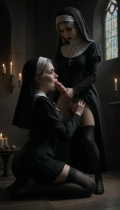 mature_futanari_granny_with_an_innocent_girl, 55_years_old, futanari, penis, medium_breasts, breasts open, skirt up, semen, very_big_cumshot, vintage_long_stockings, girl kneeling, futanari_standing, clothes open, futa granny dominates an innocent girl, girl sucks dick on her knees, futa blows dick in girl's mouth, closed_eyes, ((girl_gives_blowjob)), girl in monastic_cassock, gray_hair, skirt, miniskirt, medium_length_hair, big_ass, futa with girl, girl sucks futa, girl gives blowjob, very_big_thick_thighs, very_thick_thighs, nun's_cassock, open_mouth, cum_in_girl's_mouth, gothic_church_inside, candles, long_sleeves, ejaculation, futanari_with_a_girl, moaning, hug, orgasm, lifted_skirt, runny_makeup, (makeup smeared from tears), tears, (crying), embarrassment, blush, orgasm facial expression, ruined makeup, flowing tears, wrinkles on face, cum on thighs, cum on clothes, nun's headdress, gothic_night_church, center aisle, (photorealistic), (realistic), night, red-blue neon lighting, 20D, erect-futa, erect-penis, woman, testicles, erection, <lora:dark:2>, <lora:detailed_notrigger:2>, <lora:CinematicStyle_v1:2>, <lora:Adjust_SDXL_v3.0:2>, <lora:SDXLlora13ErFut:2>