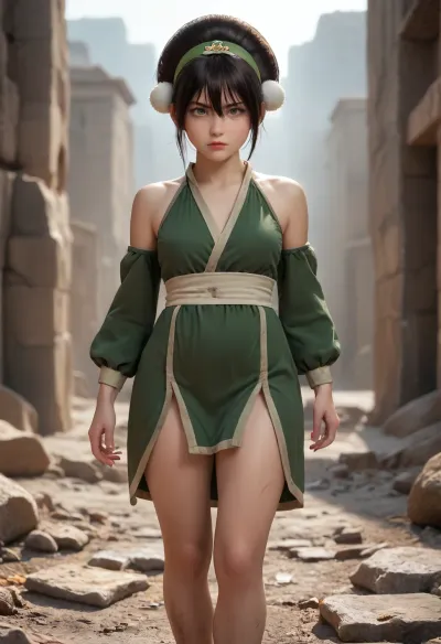 Photorealistic erotic cinematic sugerent portrait of Toph Beifong from Avatar, The Last Airbender.sexy chubby, biger boobs Young, 18 years old, short black hair with a messy bun and green headband. Blind, with cloudy grey eyes, but a determined and tough expression on her face. Dressed in her classic green and yellow Earth Kingdom attire, with dirty bare feet. Standing on rough, cracked earth, with a large stone slab floating beside her. Dramatic natural lighting, detailed textures, high-resolution, 8k, movie still."training full, hips lips wite, sit dild, vulve pubis