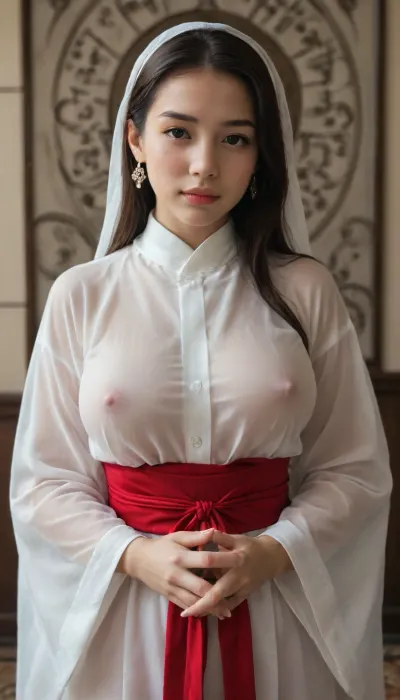 (adult DVD cover), (special limited edition), masterpiece, oriental, 1girl, new, Fresh, adorable, round face, mesmerizing, pretty, beautiful, unmatched beauty, clean look, long_hair, japanese traditional Priestess, white clothes and red sash, transparent clothes, circle backlight, see-through clothes, front portrait, devoted praying, braless, puffy natural large_breasts and puffy nipples under transparent clothes, (perfect fingers), (perfect human anatomy)