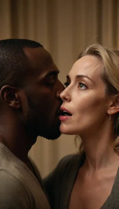 In the foreground, a fair-skinned European woman, aged 60, is kissing and jerking a 30-year-old Black African man. They are positioned clearly and sharply in the front. In the blurred background, the woman’s husband, also fair-skinned and aged 60, looks on with a shocked expression. The scene is set in a softly lit room, with warm, romantic lighting that highlights the details of their expressions and clothing. The husband is out of focus, creating a sense of depth and emotion in the image., DonMN0c7urn4l1nkXL, <lora:DonMN0c7urn4l1nkXL:2>