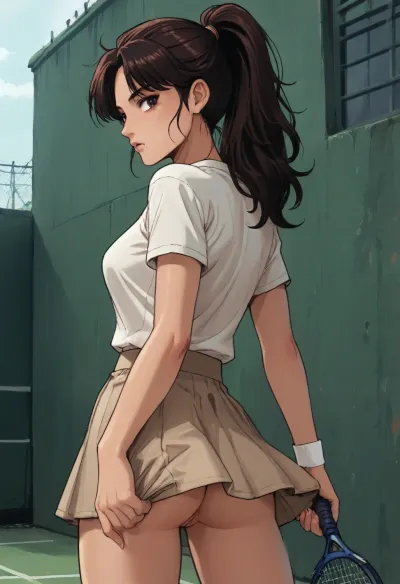 Score_9, score_8_up, score_7_up, reiq meets markgavatino art style, 1woman, (24 year old, long curly dark haired in ponytail, brown eyes, tanned, natural breasts), white t-shirt, beige tennis skirt, back to you, looking over shoulder, lifting up skirt to show pussy, ((teasing, flirty)), on tennis court, cute, doodle, ratatatat74, <lora:cutedoodle_XL-000012:.8>, <lora:ratatatat74-000050:.8>, <lora:NEOTOKIOXL_0.2_RC:.8>, <lora:outline_xl_kohaku_delta_spv5x:.8>