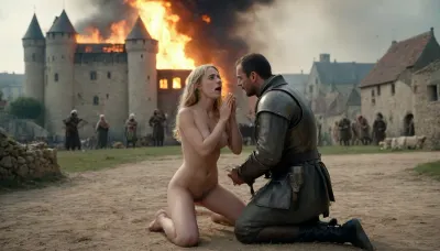 An epic image of 1 woman and 1 man, A desperate French woman kneeling naked in front of an English medieval soldier, (she is pleading for mercy with desperation in her eyes:1.4), in the background a looted burning medieval castle and village