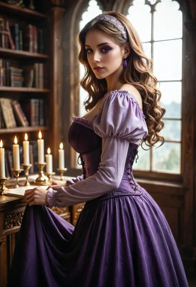 ultra HD, masterpiece, high resolution, best quality, UHD 8K, extreme realism, maximum detail, (beautiful victorian woman), standing in a, (dusty old bookshop), long flowing, (deep purple Victorian-era dress with sleeves), with a laced, (corset), B-Cup Breasts, small round ass, slender body, very long brown hair with soft curls, a silver headband in her hair, delicate porcelain features, subtle makeup, calm expression, surrounded by towering shelves of antique books, dark and moody atmosphere, (soft ambient haze in the air), warm candlelit tones, light rays catching floating dust particles, shallow depth of field, high detail, (dramatic light), (cinematic), (photorealistic), 85mm lens, f/1.8, ultra-high resolution