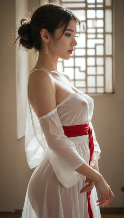 (adult DVD cover), (special limited edition), masterpiece, oriental, 1girl, new, Fresh, adorable, mesmerizing, pretty, beautiful, stunning beauty, short_hair, japanese traditional Priestess, white clothes and red sash, transparent clothes, backlight, see-through clothes, side profile, devoted praying, braless, perky natural large_breasts and erected nipples under transparent clothes, (perfect fingers), (perfect human anatomy)