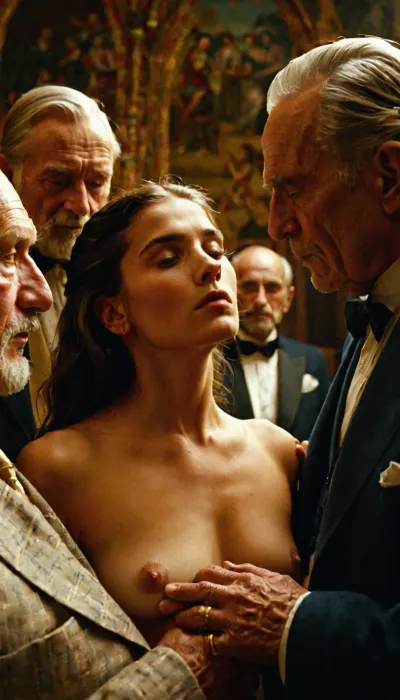 Ten well-dressed old men smell pinch the nipples of a naked young woman.