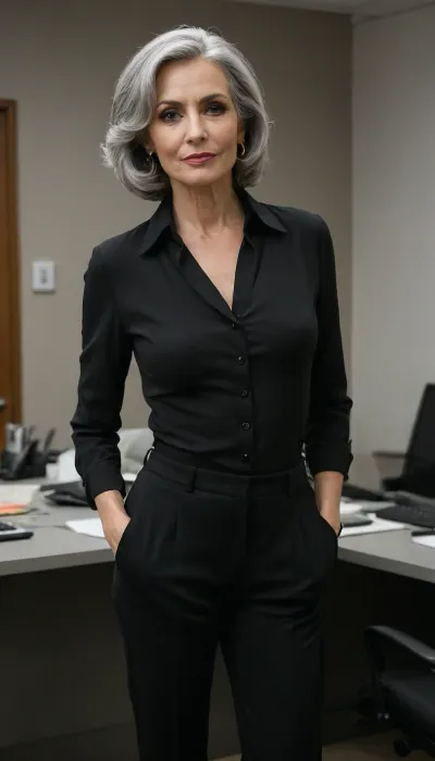 70 year old woman with thick wavy gray hair, (She has an asymmetrical bob haircut), 1girl, (standind in office1.2), working, perfect shirt, (full dressed:1.4), beautyful woman 70 years, russian woman, caucasian, european, black office clothes, businesslady, stunningly beautiful woman, (small sagging breast:1.2), thick, dressed big chest, office lady, sfw, (black business suit:1.2), (black skinny pants:1.3), cleavage, decolette, dynamic pose, full body, Thick eyebrows, makeup, Sharp nose, Big eyes, Busty lips, Makeup, Long eyelashes, white woman, gray hair, thick gray hair, tanned skin, gold round earring, office, office high waist black pant and office white shirt, see the full body, shirt in pants, secretary shirt, secretary high waist pants, huge, crepey neckline, wrinkled hands, age spots