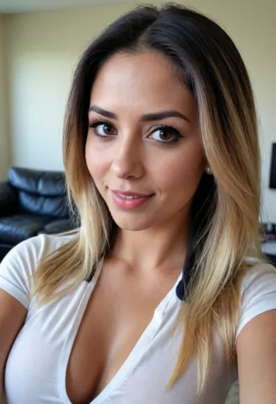 32 yr old, Mexican woman, large tits, selfie for boyfriend, long black hair with blonde highlights, polo shirt, make up, flirtatious smile, full lips