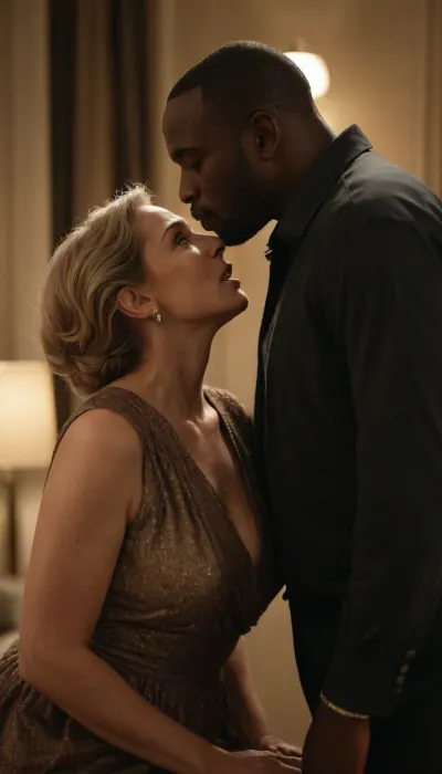 In the foreground, full body view of a fair-skinned European woman, aged 60, is kissing and jerking a 30-year-old Black African man. They are positioned clearly and sharply in the front. In the blurred background, the woman’s husband, also fair-skinned and aged 60, looks on with a shocked expression. The scene is set in a softly lit room, with warm, romantic lighting that highlights the details of their expressions and clothing. The husband is out of focus, creating a sense of depth and emotion in the image., DonMN0c7urn4l1nkXL, <lora:DonMN0c7urn4l1nkXL:2>