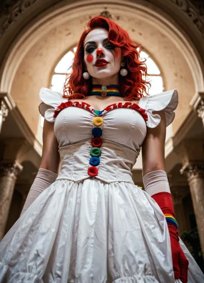 Female domination, clown cosplay, view from below