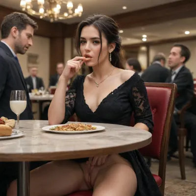 20 year old european girl, sitting on chair, sits behind table, eating, (large pussy:1.5), wearing fency black dress, deep neckline, expensive necklace, front view, Interior of classy restaurant, luxury restaurant, dim lighting, people eating, formal dress code, viewing angle from bottom to top