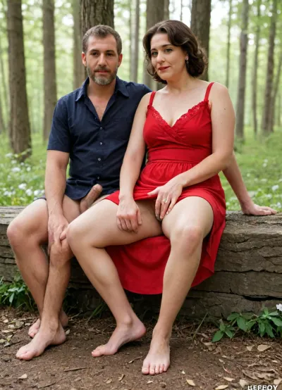 A mature woman sits in a forest clearing surrounded by flowers. Her face radiates beauty, and her hairy pussy is visible from beneath her red dress. Her hairy crotch peeks out from under the hem. She is barefoot, wearing only a dress. A man, (1.3), sits next to her, trying to put his hand under her skirt. Couple