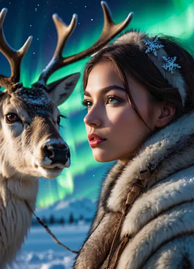 (Close-up), (portrait of a young Eskimo woman in profile), (deer in the background), (high detail), (realistic), (photorealistic), (bright large eyes), (glossy lips), (perfect skin), (neat eyebrows), (fur collar), (fur clothing on the girl), (fur hair accessories), (northern lights), (blue glow), (winter background), (polar night), (depth of field), (bokeh), (cinematic lighting), (masterful work), (high resolution), (best quality), (masterpiece), (blurred background)